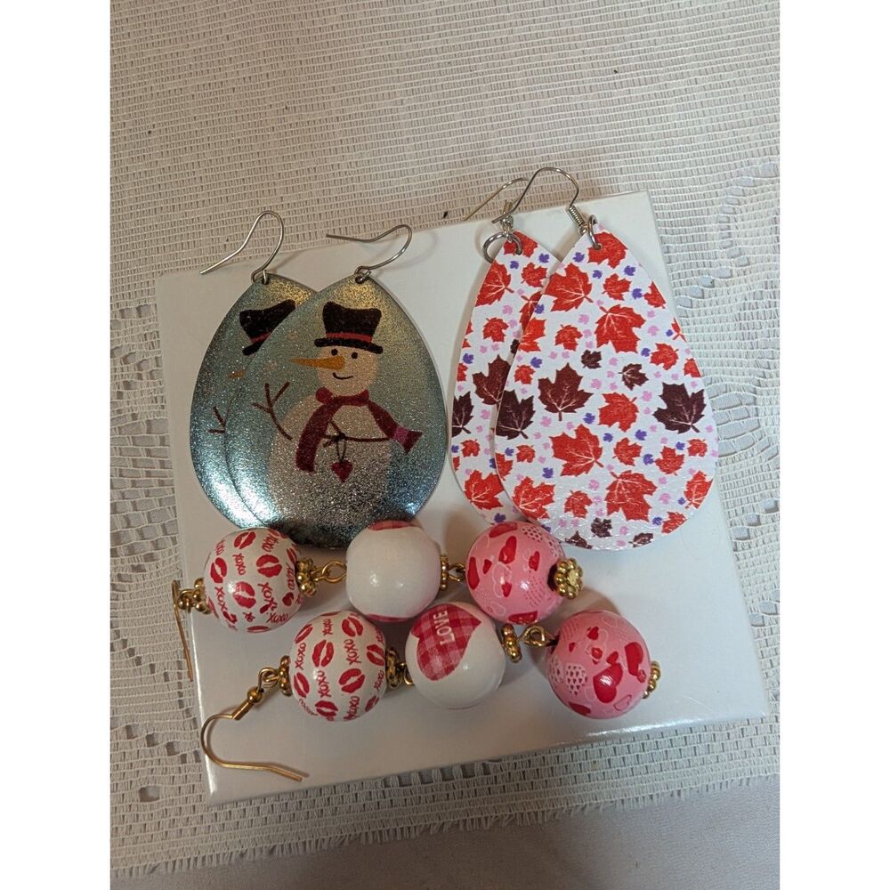 3 Pair Seasonal Earring Lot - Valentine's Fall Maple Leaf & Winter Snowman